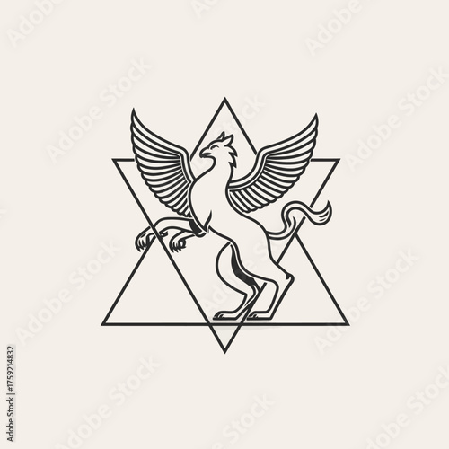 Stylized griffin illustration with outstretched wings inside a star triangle