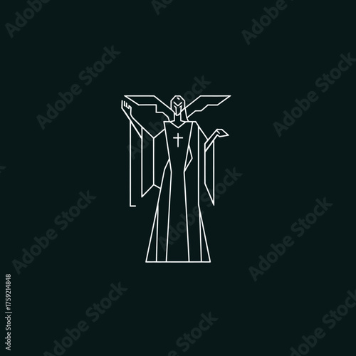 Geometric angel illustration with open arms and wings on dark background