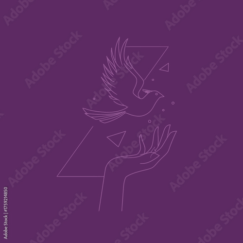Abstract illustration of a dove flying above a hand against a purple background