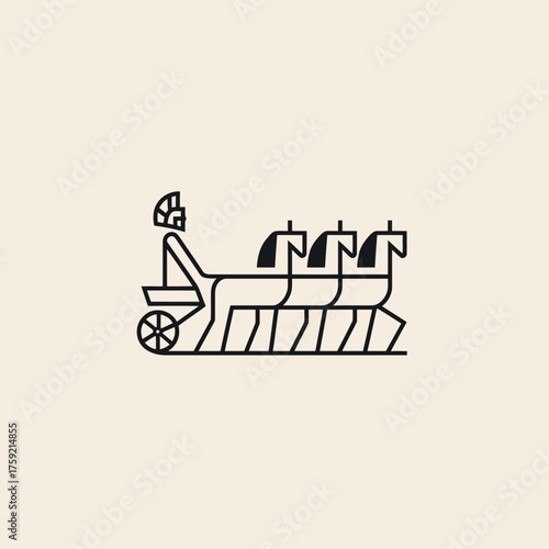 Stylized illustration of a chariot pulled by horses on a cream colored background