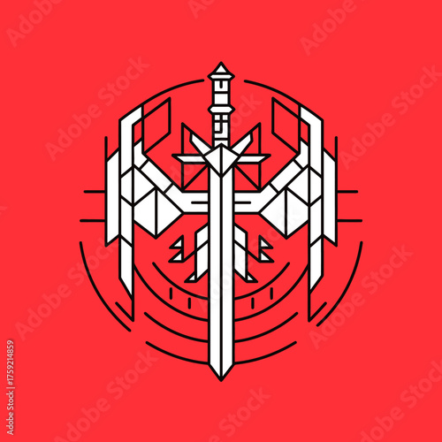 Geometric emblem of sword and wings on red background vector illustration