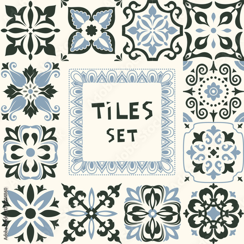 Set of tiles Azulejos in black, blue, white. Original traditional Portuguese and Spain decor. Seamless patchwork tile with Victorian motives. Ceramic tile in talavera style. Gaudi mosaic. Vector
