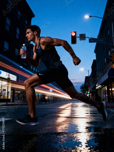 Man running at night in city street with traffic light and reflections on wet pavement