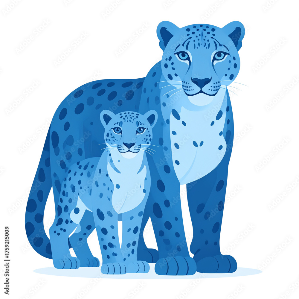 Fototapeta premium Majestic Snow Leopards in a Minimalist Style with Blue Spots and Whimsical Expressions