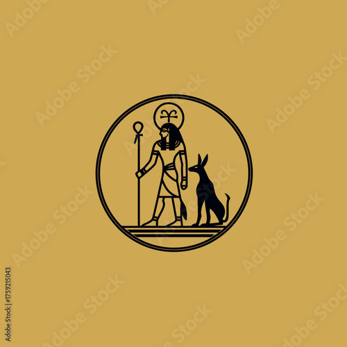 Ancient egyptian icon depicting a figure with a staff and dog in a circle