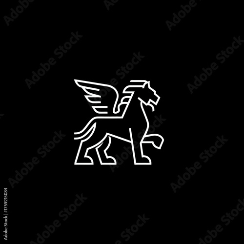 Elegant minimalist outline of winged mythological creature on black background