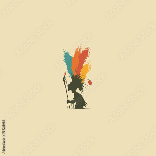 Silhouette of a person adorned with colorful feathers and a spear