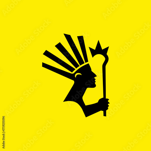 Stylized silhouette of a person with crown and staff on yellow background
