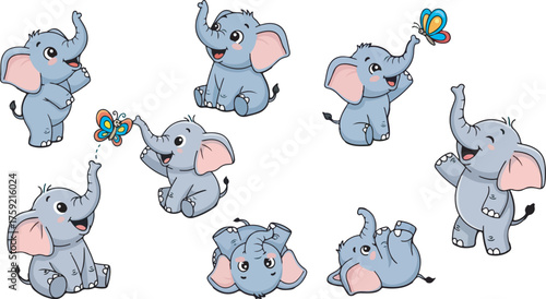 Cartoon Animal Vector Illustration of Cute Gray Elephants with Butterflies in Playful Poses for Childrens Design