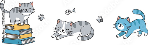 Cartoon Animal Vector Illustration with Cute Cats Books Paw Prints and Fish Bone Modern Style