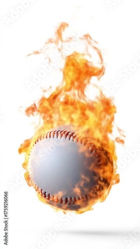 A baseball enveloped in bright orange flames, blazing around a white surface with energy and motion