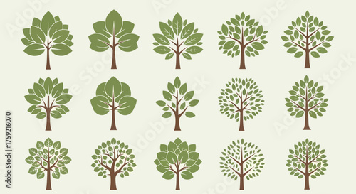 Set of 12 Tree Icons in Various Shapes and Sizes