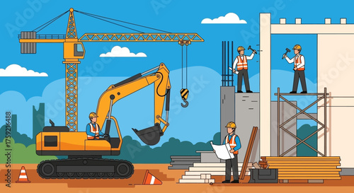 Construction site with workers crane and excavator showing urban development and teamwork