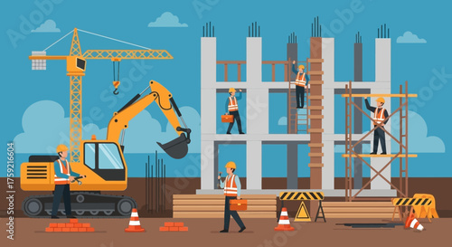Construction site with workers crane and excavator building a structure Industry and development