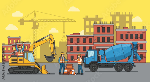 Construction site with workers excavator and cement truck Building development and industry concept