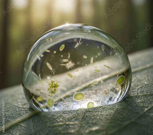 Microscopic aquatic life suspended within a perfectly round water droplet on a green leaf, captured in stunning macro detail