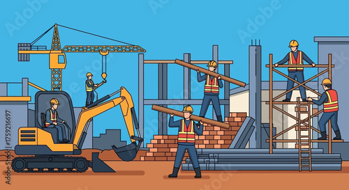Workers on a construction site with heavy equipment building a structure Industry teamwork development
