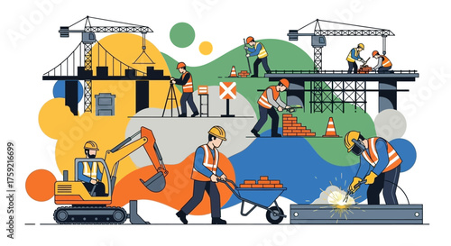 Construction site bustling with workers and equipment depicting industry development and progress