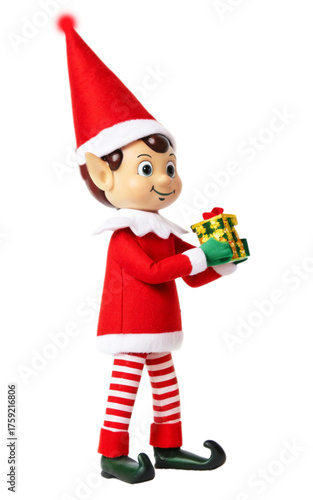 Festive Christmas Elf Doll Holding a Small Gift Isolated on Transparent Background