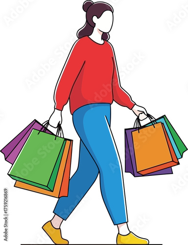 woman joyfully carries colorful shopping bags after successful retail spree