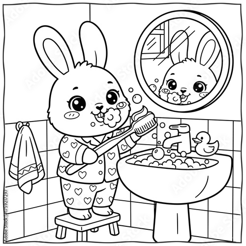 Vector illustration coloring page of a cute bunny brushing teeth at a small sink with bubbles and rubber duck, hand drawn kawaii cartoon for kids