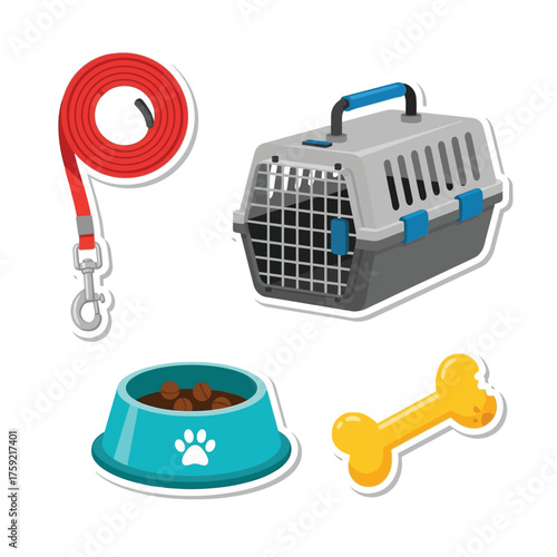 Various pet accessories including a carrier, leash, food bowl, and bone.