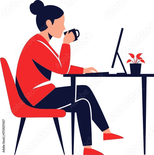 focused workflow woman finds quiet rhythm, blending work and warm refreshment