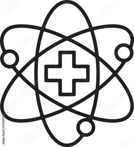Abstract atomic structure symbol with medical cross represents health science and research