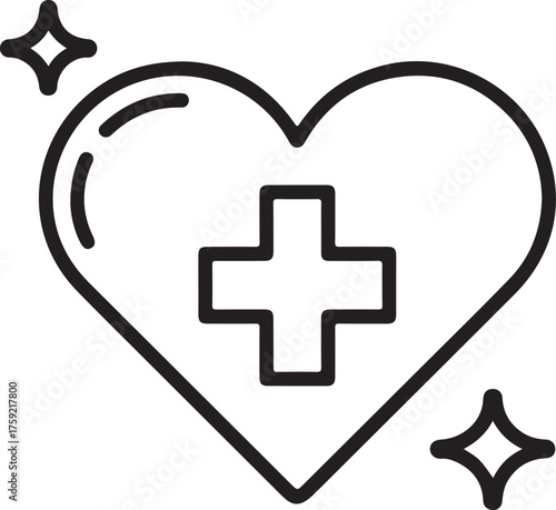 Clean heart symbol with medical cross and sparkle icons representing health and care