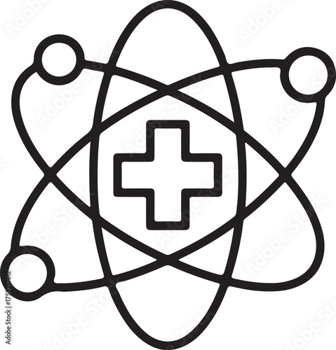 Abstract symbol of a medical cross at the center of an atom model