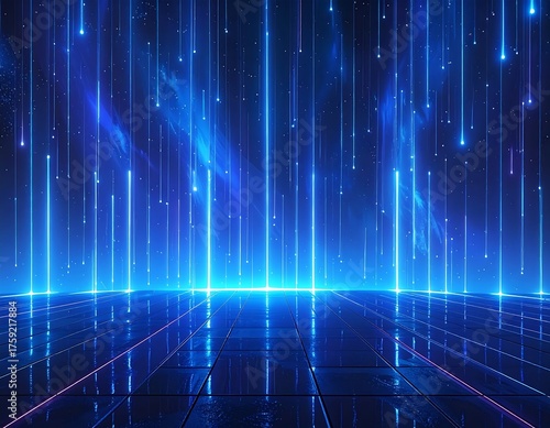 Abstract blue stage with descending glowing lines and reflected floor