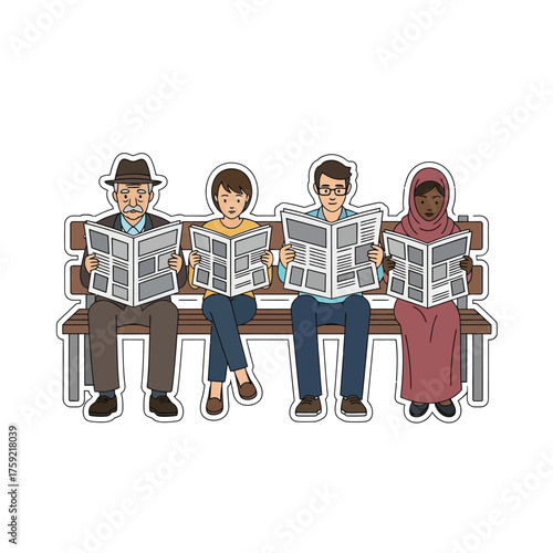 Four diverse people, an older man, woman, man, and woman, sit on a bench reading newspapers.