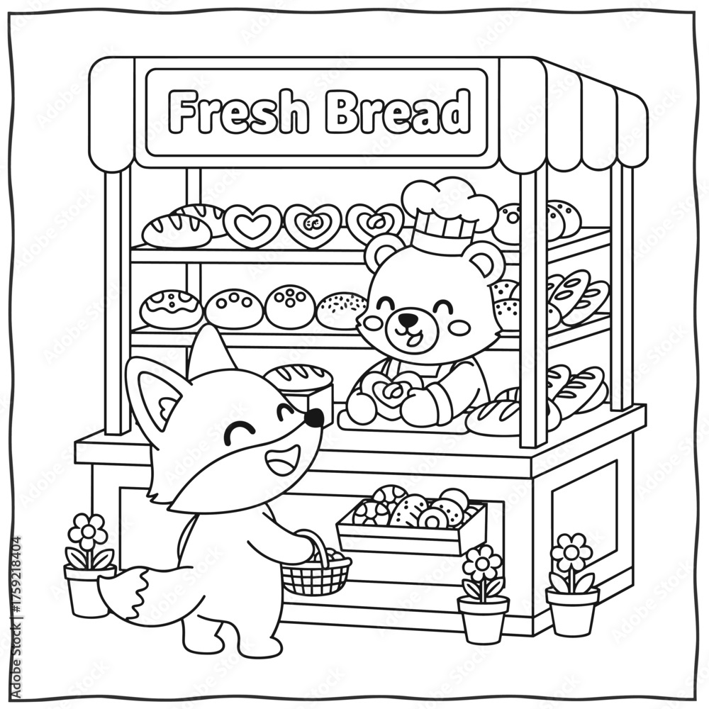 Fototapeta premium Vector illustration coloring page of a cute fox buying bread at a bakery stall with pastries and flowers, hand drawn kawaii cartoon for kids