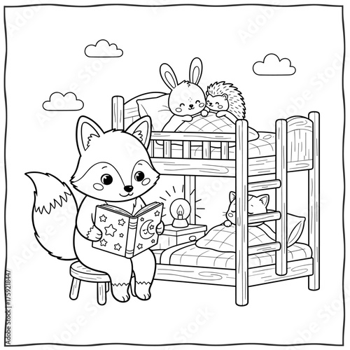 Vector illustration coloring page of a cute fox reading a bedtime story to baby animals in a cozy bunk bed, hand drawn kawaii cartoon for kids