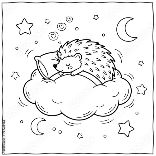 Vector illustration coloring page of a cute hedgehog dreaming on a cloud with stars, moons, and heart dream bubbles, hand drawn kawaii cartoon for kids