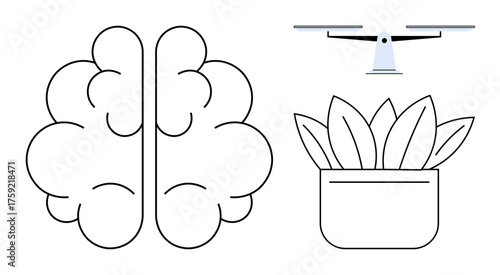 Brain sketch, hovering Quadcopter, and leafy plant pot emphasize creativity, technology, sustainability, balance, idea growth, innovation and environmental harmony. Ideal for science learning eco-tech