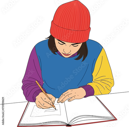 deep in thought, a young artist pours soul onto paper