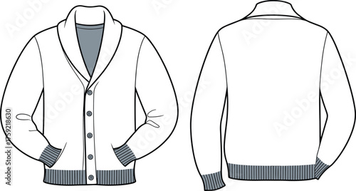 Men’s cardigan sweater fashion flat sketch, shawl collar knitwear design, front and back technical drawing, apparel template, cad drawing flat vector illustration