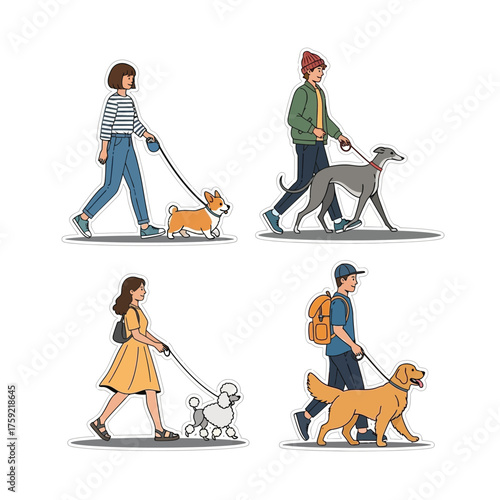 Four diverse people walking their dogs, each on a leash, in a simple, flat illustration.