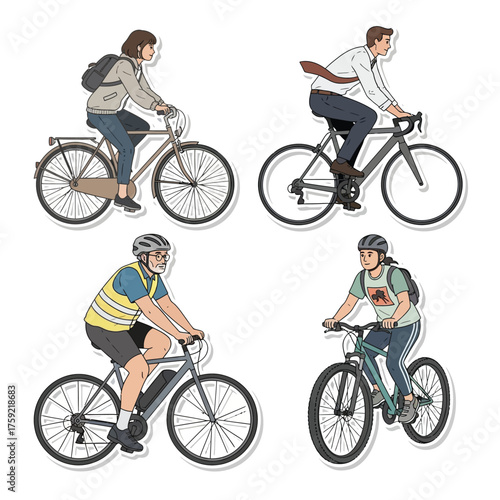 Four diverse individuals riding bicycles, each engaged in cycling activities in various settings.