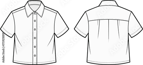 Men’s short sleeve button up shirt flat sketch, pointed collar fashion design, back pleat detail, front and back view, cad drawing flat vector illustration