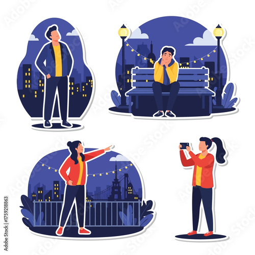 Four stylized illustrations depicting people in urban settings at night, including looking up, sitting on a bench, pointing, and taking a photo.