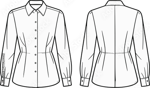 Women shirt fashion flat sketch, technical clothing illustration, vector apparel design, CAD drawing template, garment outline, casual wear, formal style illustration