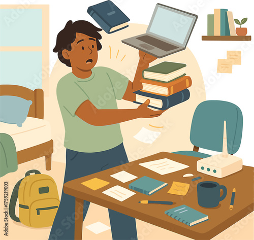 Student juggling books and a laptop in a bedroom while feeling overwhelmed and stressed by the heavy workload, illustrating academic pressure vector