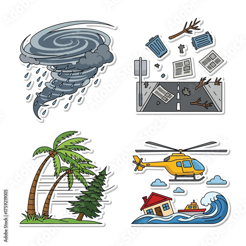 Cartoon illustrations depicting various natural disasters including a tornado, storm aftermath, strong winds, and a flood with rescue helicopter.
