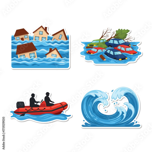 Illustrations depicting various aspects of flood disasters, including submerged houses and cars, a rescue boat, and a large wave.