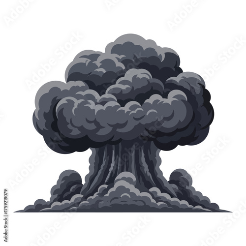 Illustration of a large, dark grey mushroom cloud rising from an explosion, depicting power and destruction.