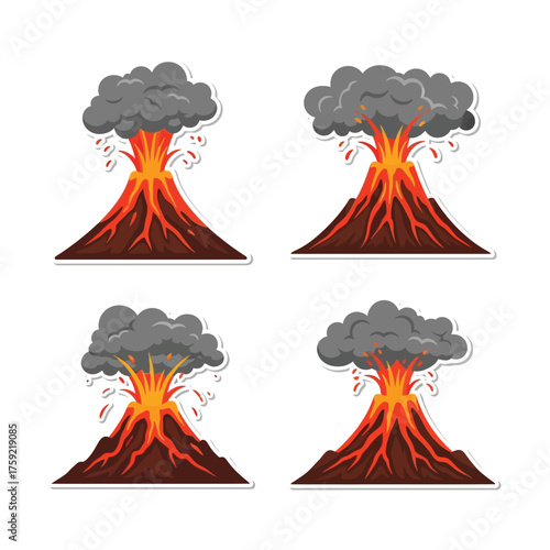 Four cartoon illustrations of erupting volcanoes with lava flowing down their sides and dark smoke billowing from their craters, set against a white background.