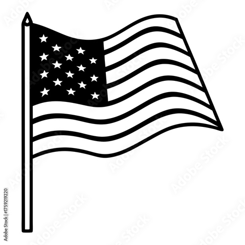 American flag waving on a flagpole in black and white line art