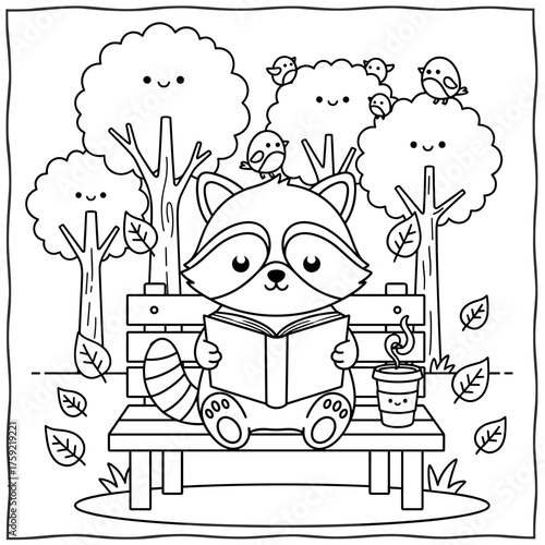 Vector illustration coloring page of a cute raccoon reading a book on a park bench with autumn leaves and coffee, hand drawn kawaii cartoon for kids
